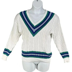 VTG Islander Cotton Womens M Cable Knit Cricket Sweater White Green/Blue Stripes